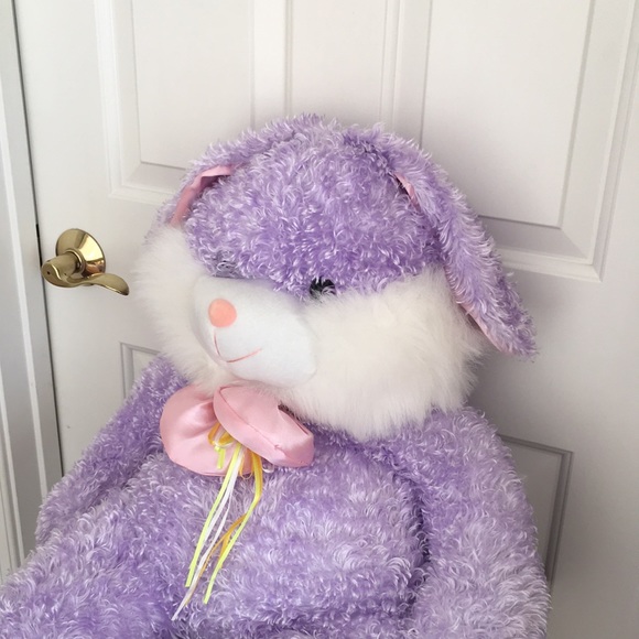 Huge Lavender Bunny Stuffed Animal Floppy Ears White Tail Pink Neck Bow - Picture 4 of 12